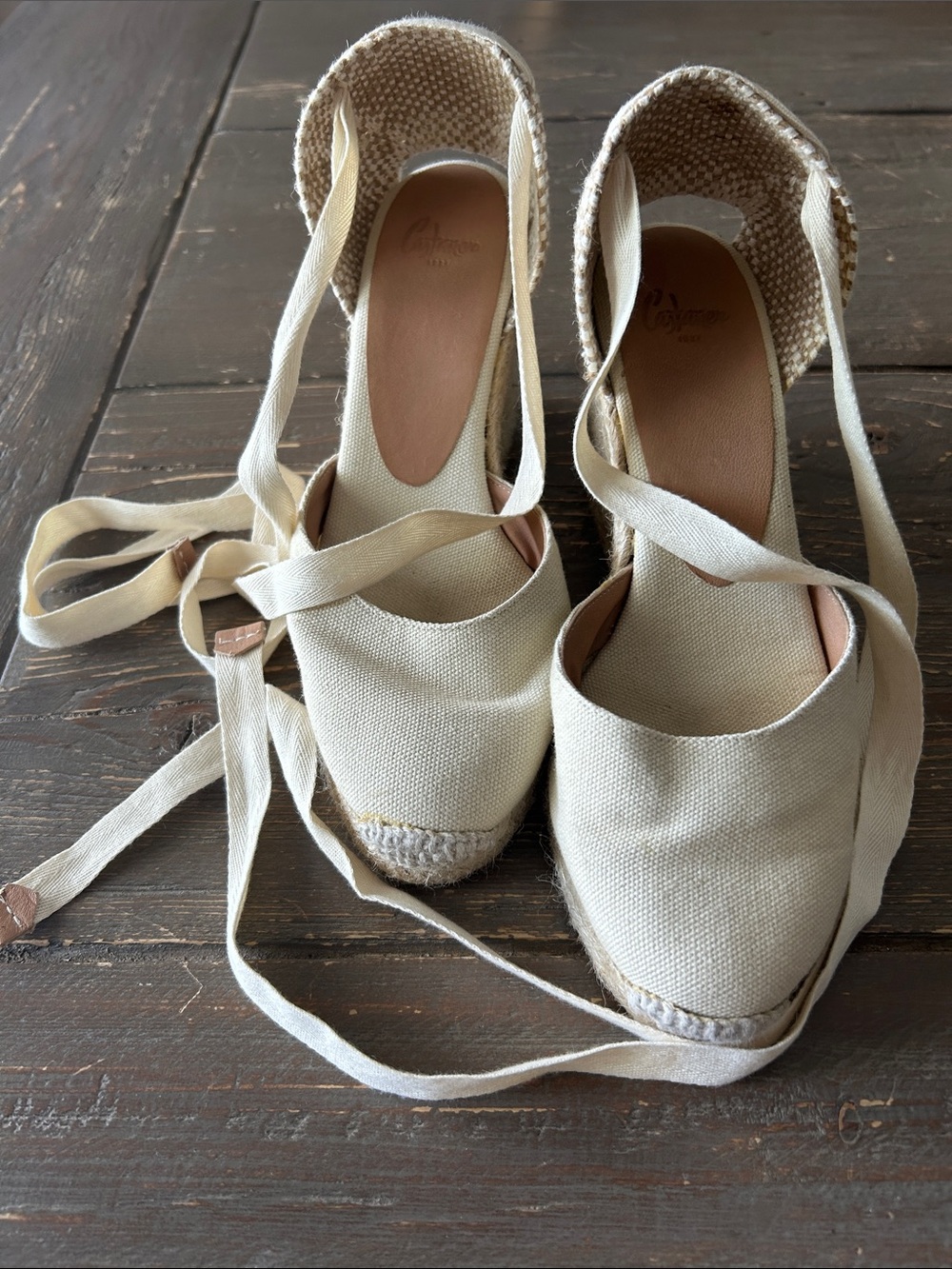 Castañer Carina Cream Canvas Espadrille Wedges with Ankle Ties
